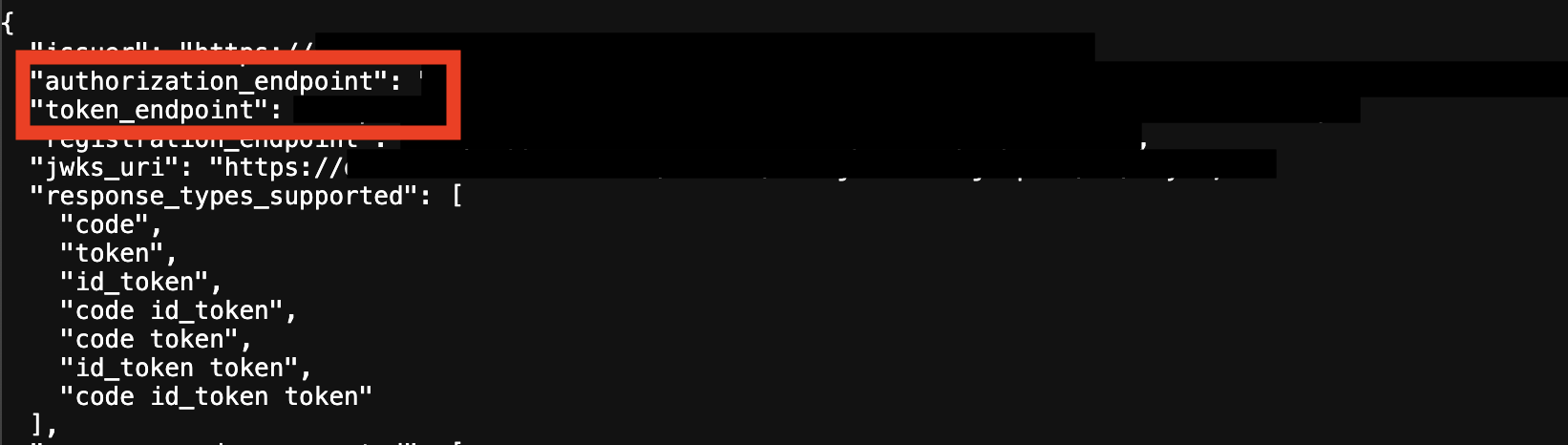 The authorize and token URLs highlighted in the metadata URI.